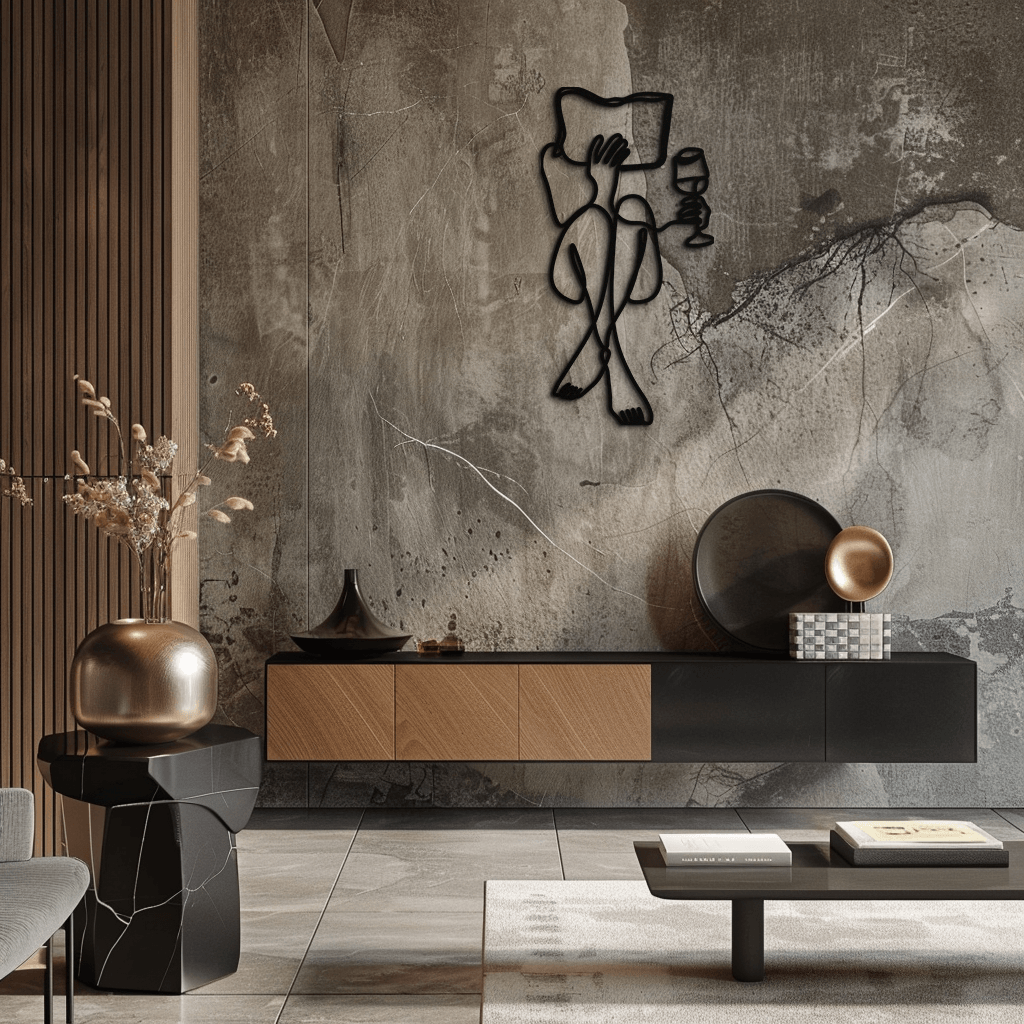 Steel Wall Art Reading Wine - Minimalist Line Sculpture Design