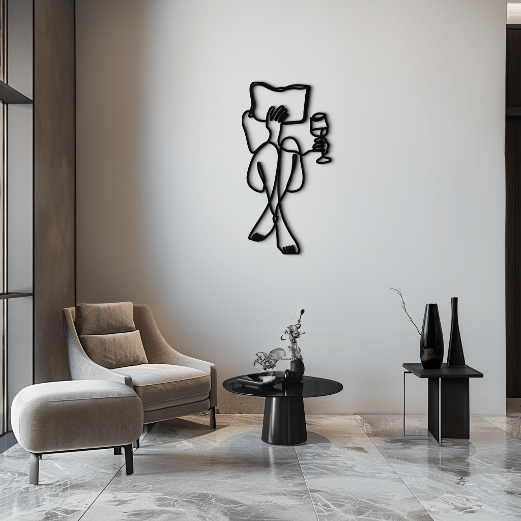 Steel Wall Art Reading Wine - Minimalist Line Sculpture Design