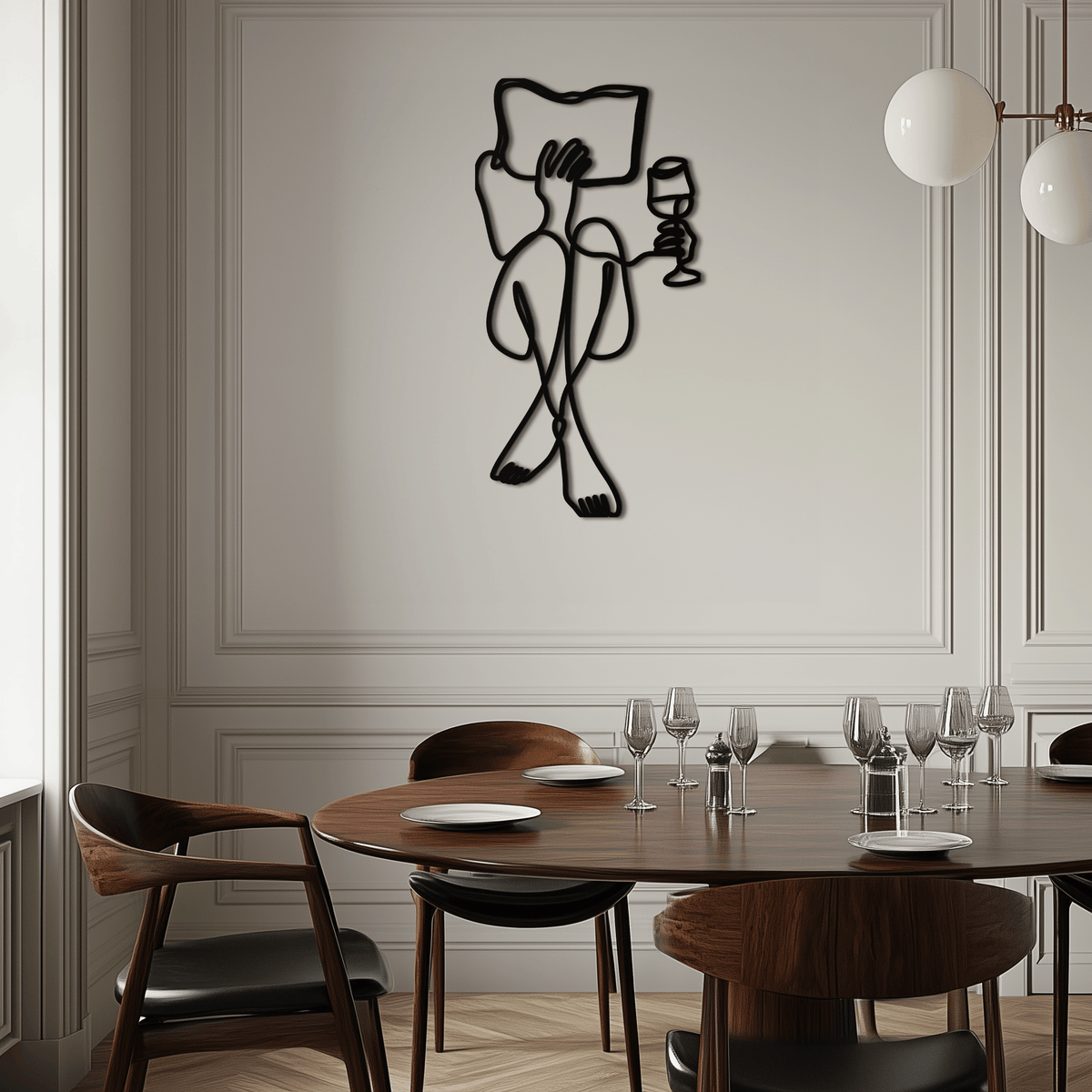 Steel Wall Art Reading Wine - Minimalist Line Sculpture Design