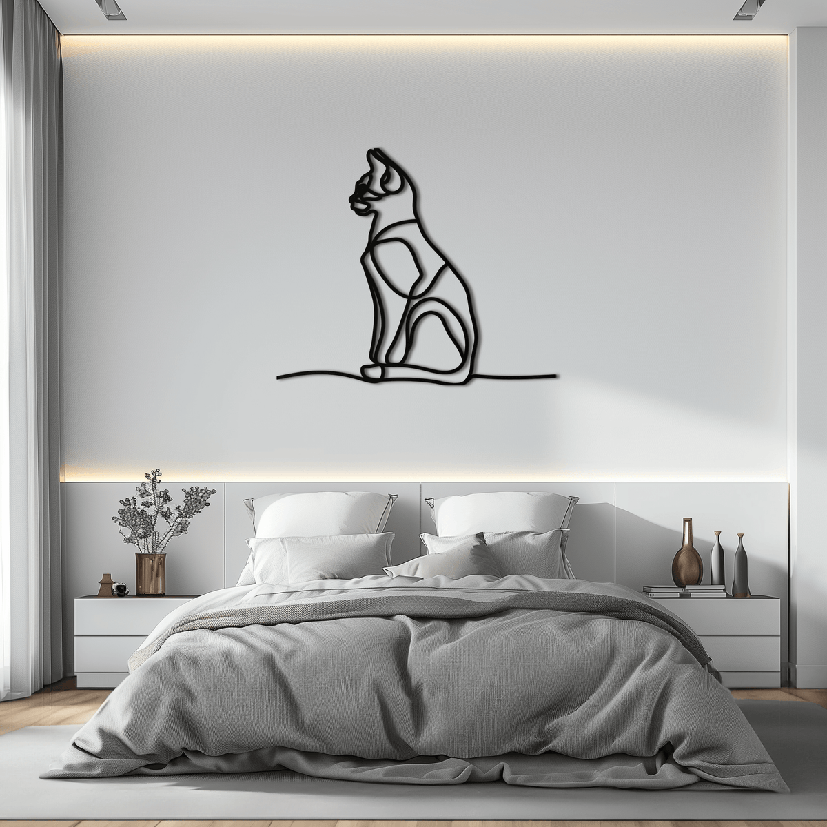 Steel Cat Line Art Wall Sculpture - Modern Minimalist Design