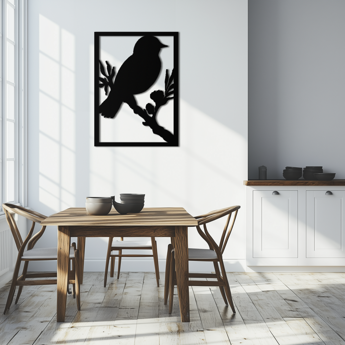 Steel Bird on Branch Wall Art Sculpture - Modern Minimalist Decorative Home Office Decor