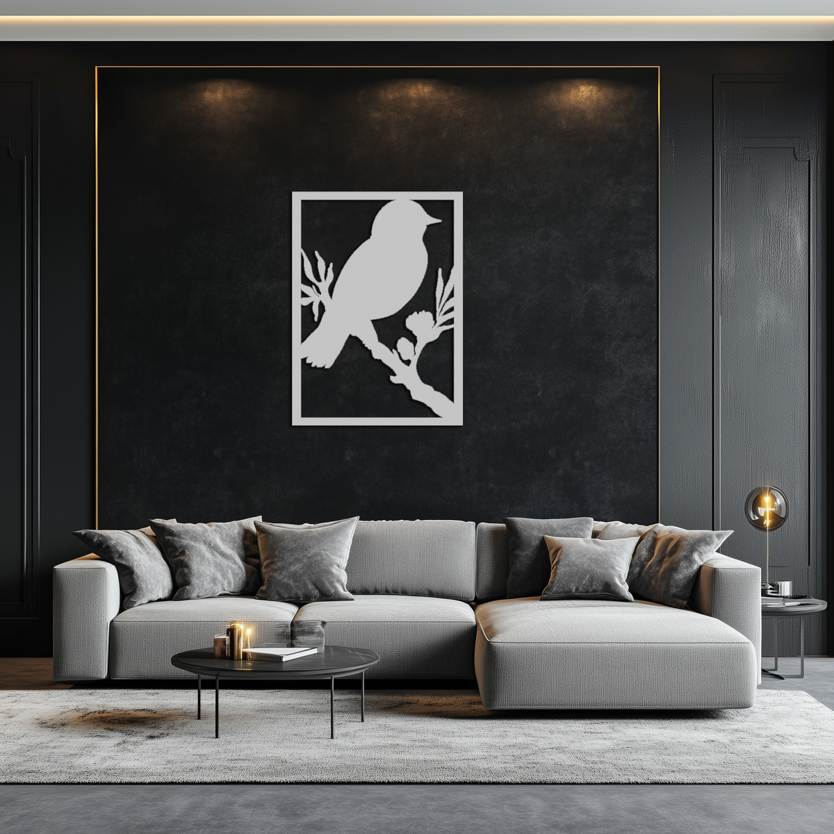 Steel Bird on Branch Wall Art Sculpture - Modern Minimalist Decorative Home Office Decor