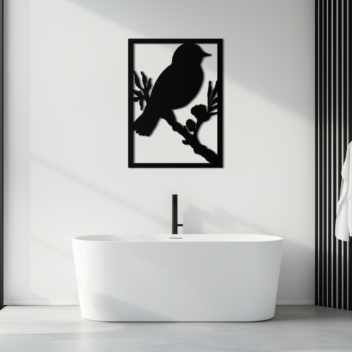 Steel Bird on Branch Wall Art Sculpture - Modern Minimalist Decorative Home Office Decor