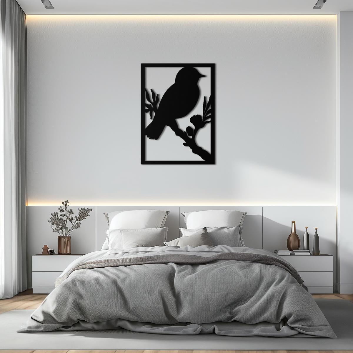 Steel Bird on Branch Wall Art Sculpture - Modern Minimalist Decorative Home Office Decor