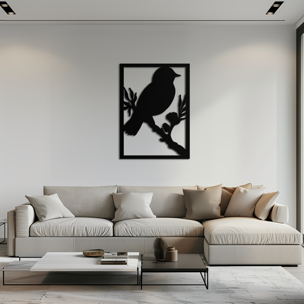 Steel Bird on Branch Wall Art Sculpture - Modern Minimalist Decorative Home Office Decor
