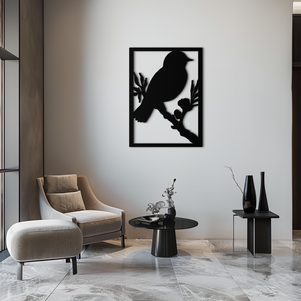 Steel Bird on Branch Wall Art Sculpture - Modern Minimalist Decorative Home Office Decor