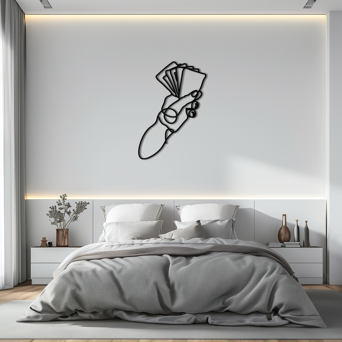 Metal Wall Art Geometric Hand Holding Cards - Minimalist Steel Modern Home Sculpture