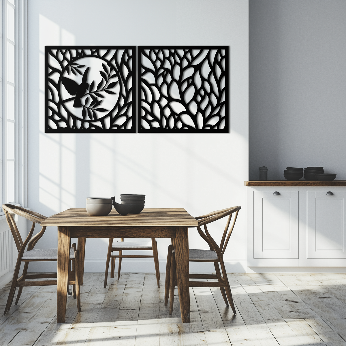 Steel Hummingbird and Leaves Wall Art - Elegant Dual Panel Decor