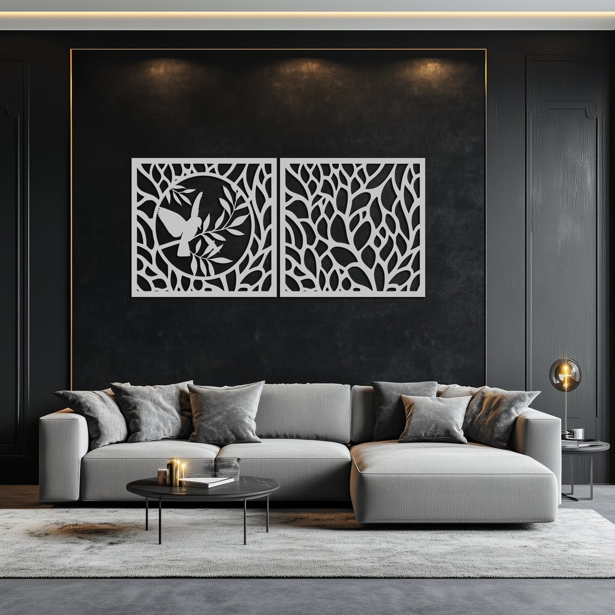Steel Hummingbird and Leaves Wall Art - Elegant Dual Panel Decor