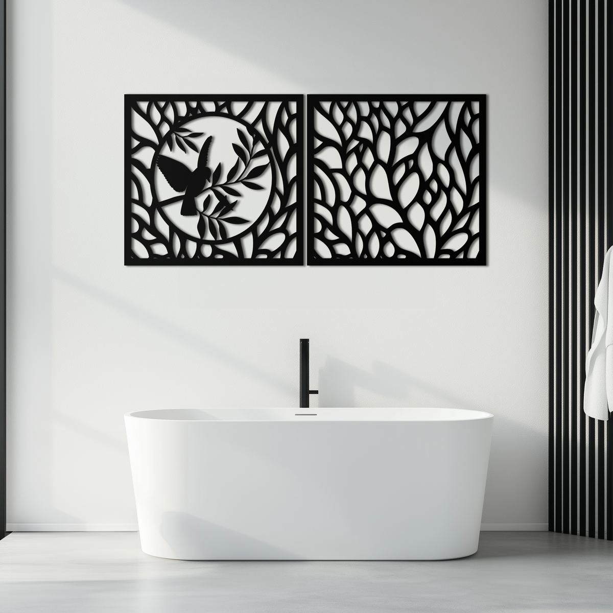 Steel Hummingbird and Leaves Wall Art - Elegant Dual Panel Decor