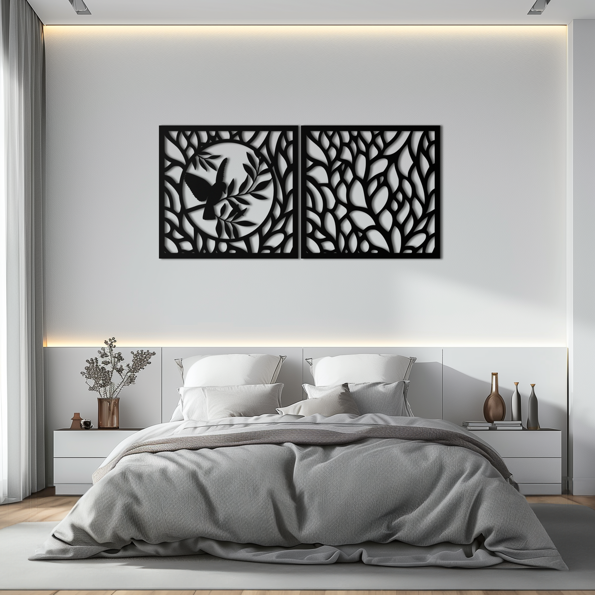 Steel Hummingbird and Leaves Wall Art - Elegant Dual Panel Decor