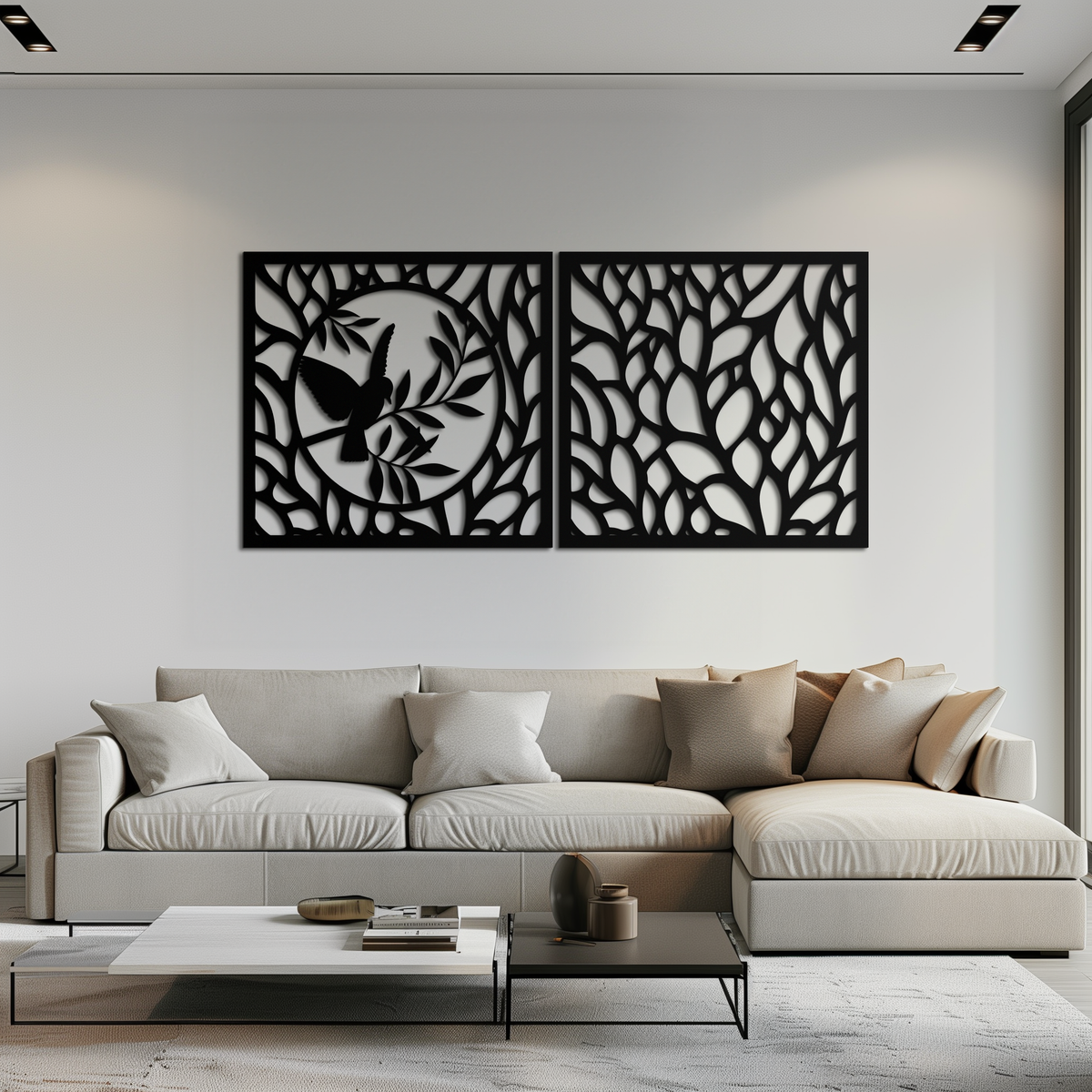 Steel Hummingbird and Leaves Wall Art - Elegant Dual Panel Decor