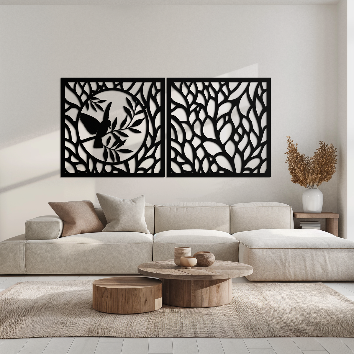 Steel Hummingbird and Leaves Wall Art - Elegant Dual Panel Decor