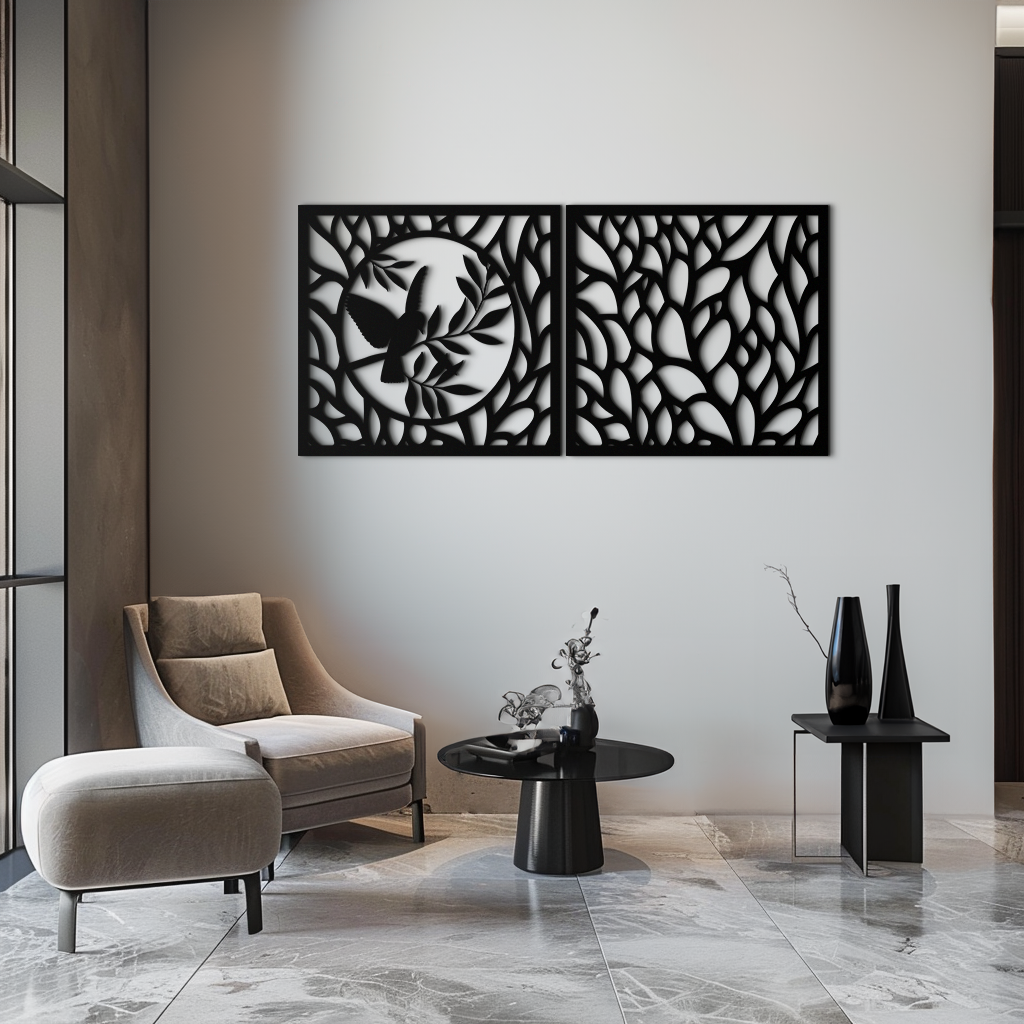 Steel Hummingbird and Leaves Wall Art - Elegant Dual Panel Decor