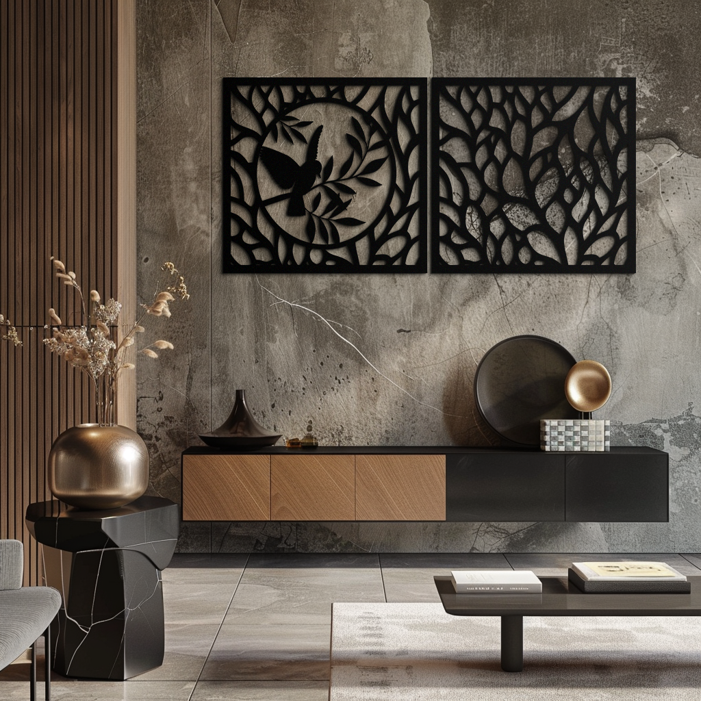 Steel Hummingbird and Leaves Wall Art - Elegant Dual Panel Decor