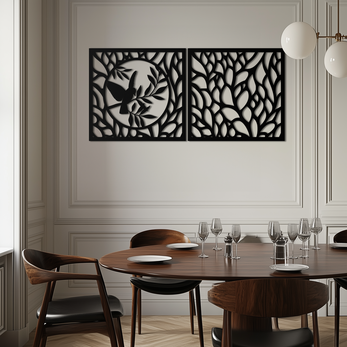 Steel Hummingbird and Leaves Wall Art - Elegant Dual Panel Decor