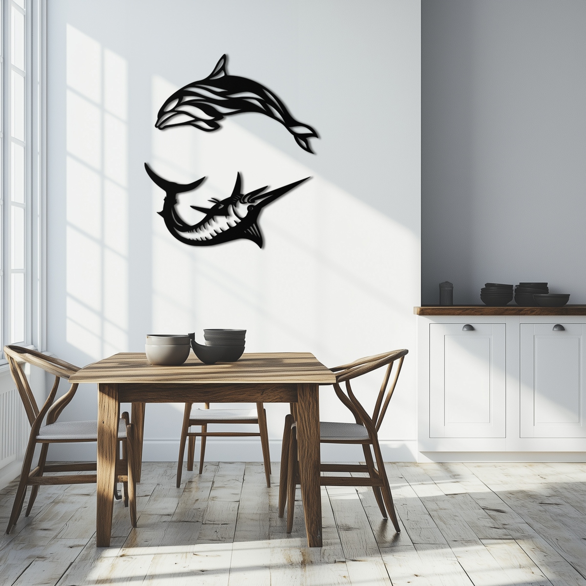 Metal Wall Art Dolphin and Marlin - Modern Ocean Inspired Steel Dimensional Sculpture