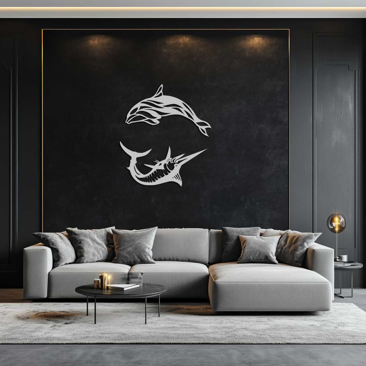 Metal Wall Art Dolphin and Marlin - Modern Ocean Inspired Steel Dimensional Sculpture