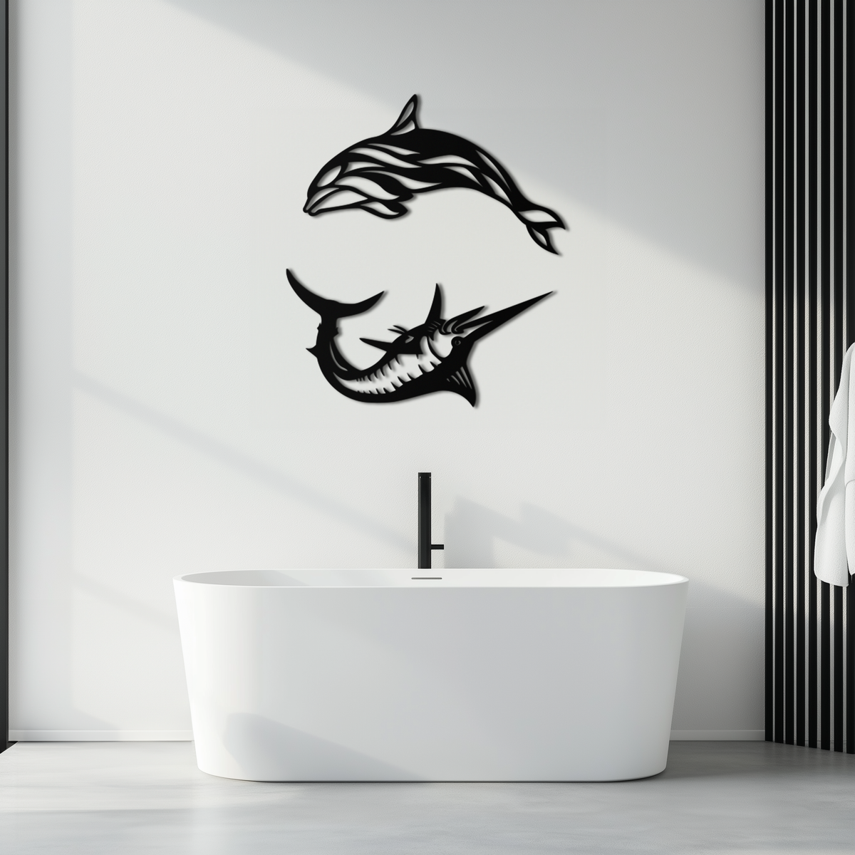 Metal Wall Art Dolphin and Marlin - Modern Ocean Inspired Steel Dimensional Sculpture