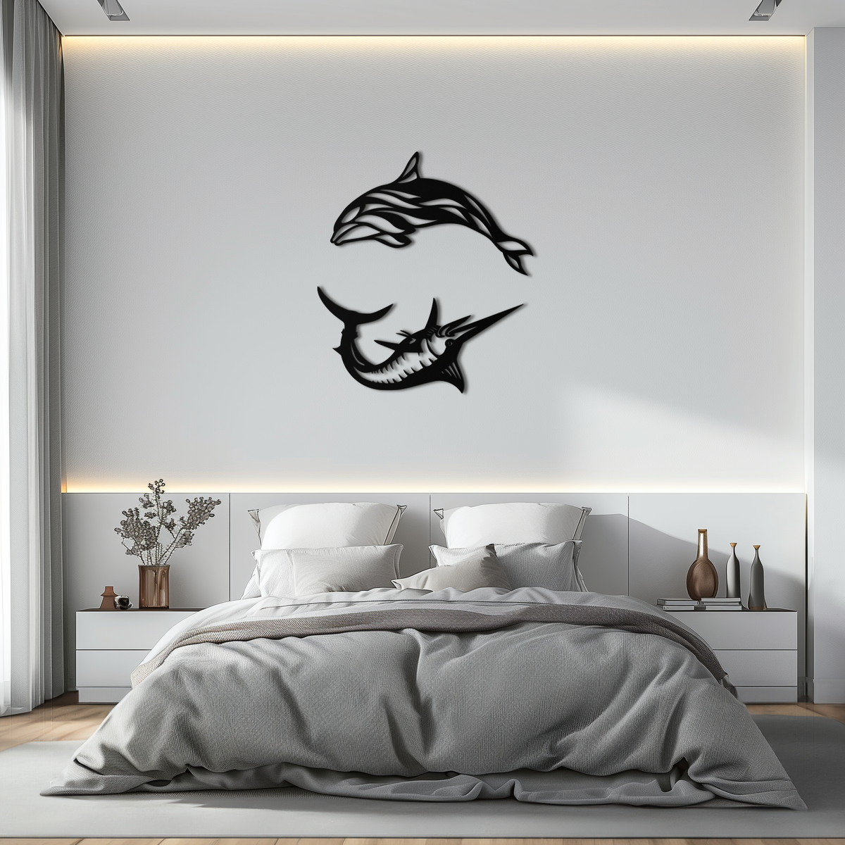 Metal Wall Art Dolphin and Marlin - Modern Ocean Inspired Steel Dimensional Sculpture