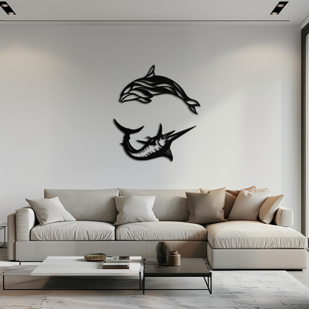 Metal Wall Art Dolphin and Marlin - Modern Ocean Inspired Steel Dimensional Sculpture