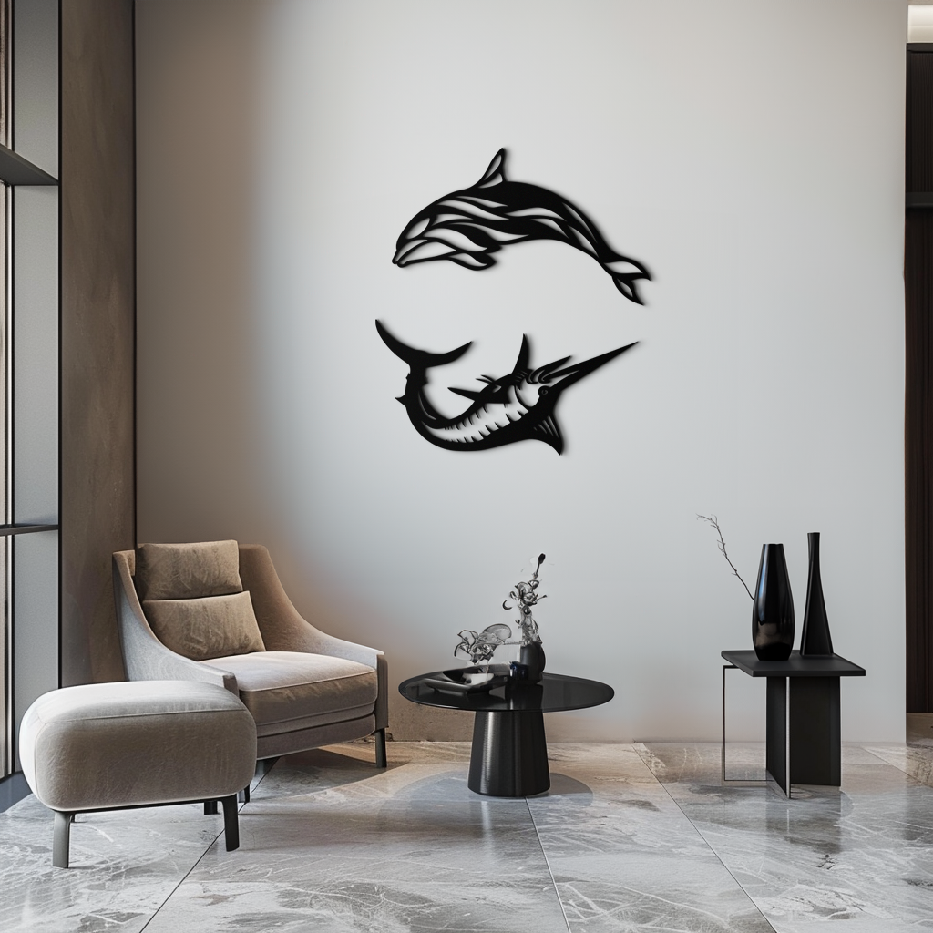 Metal Wall Art Dolphin and Marlin - Modern Ocean Inspired Steel Dimensional Sculpture