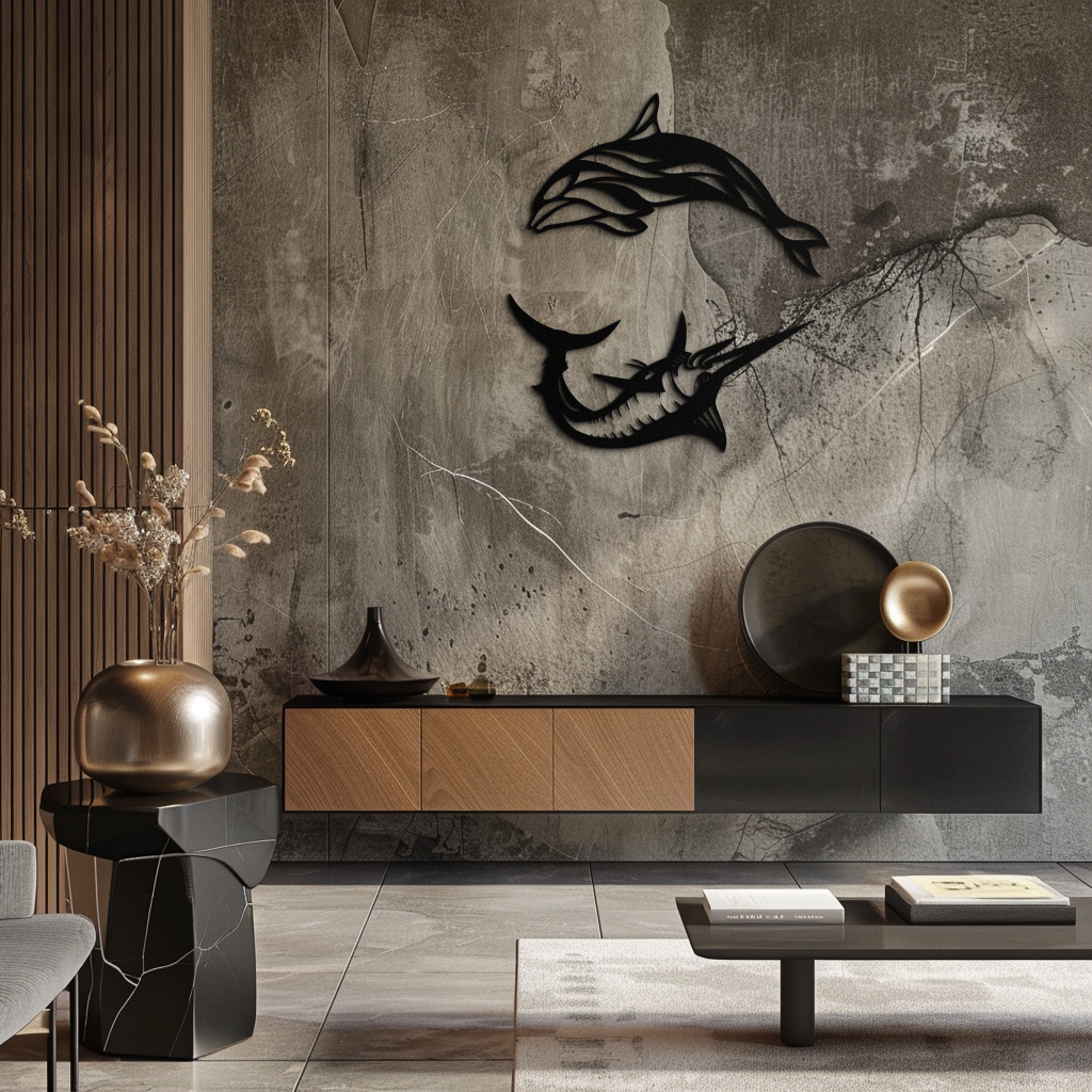 Metal Wall Art Dolphin and Marlin - Modern Ocean Inspired Steel Dimensional Sculpture