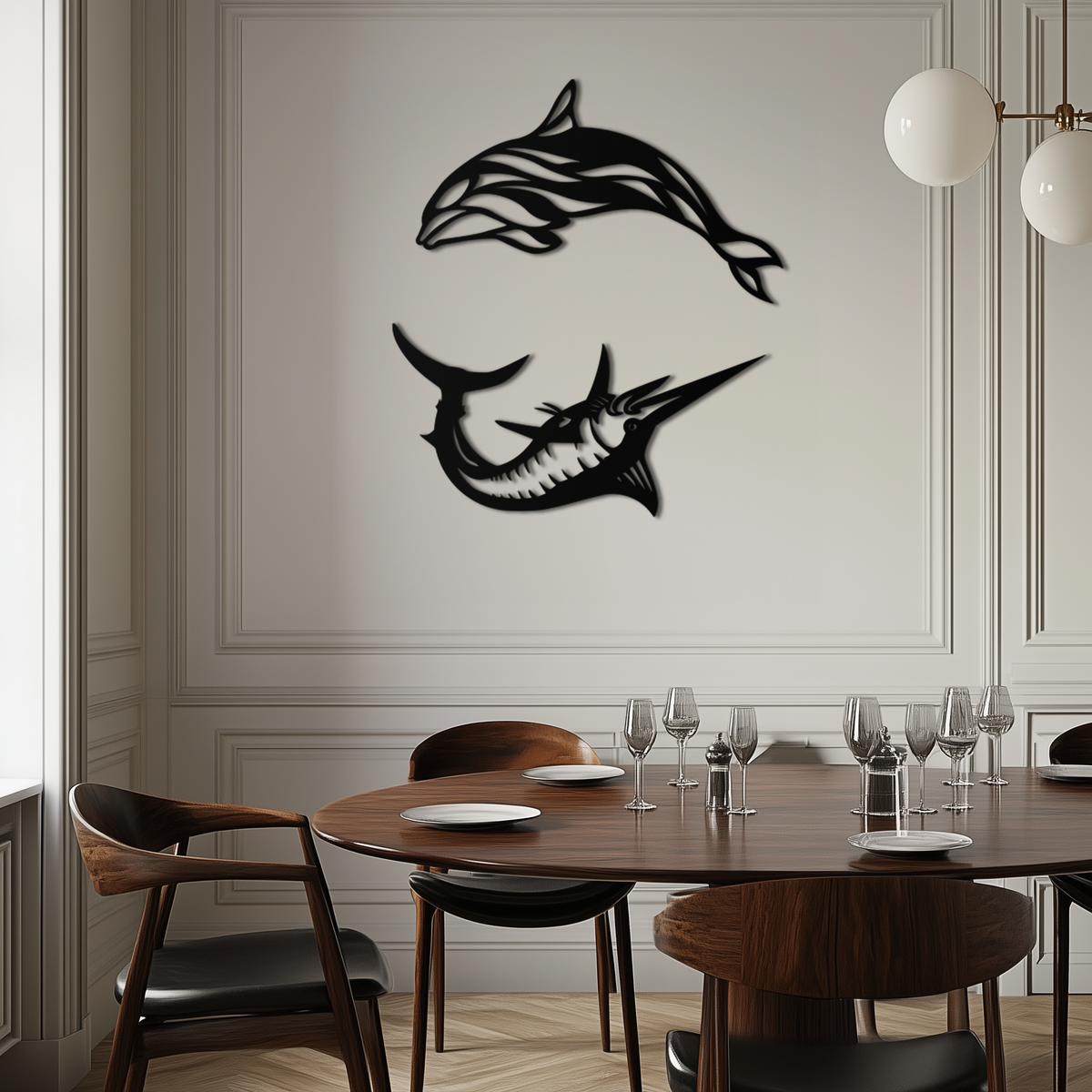 Metal Wall Art Dolphin and Marlin - Modern Ocean Inspired Steel Dimensional Sculpture