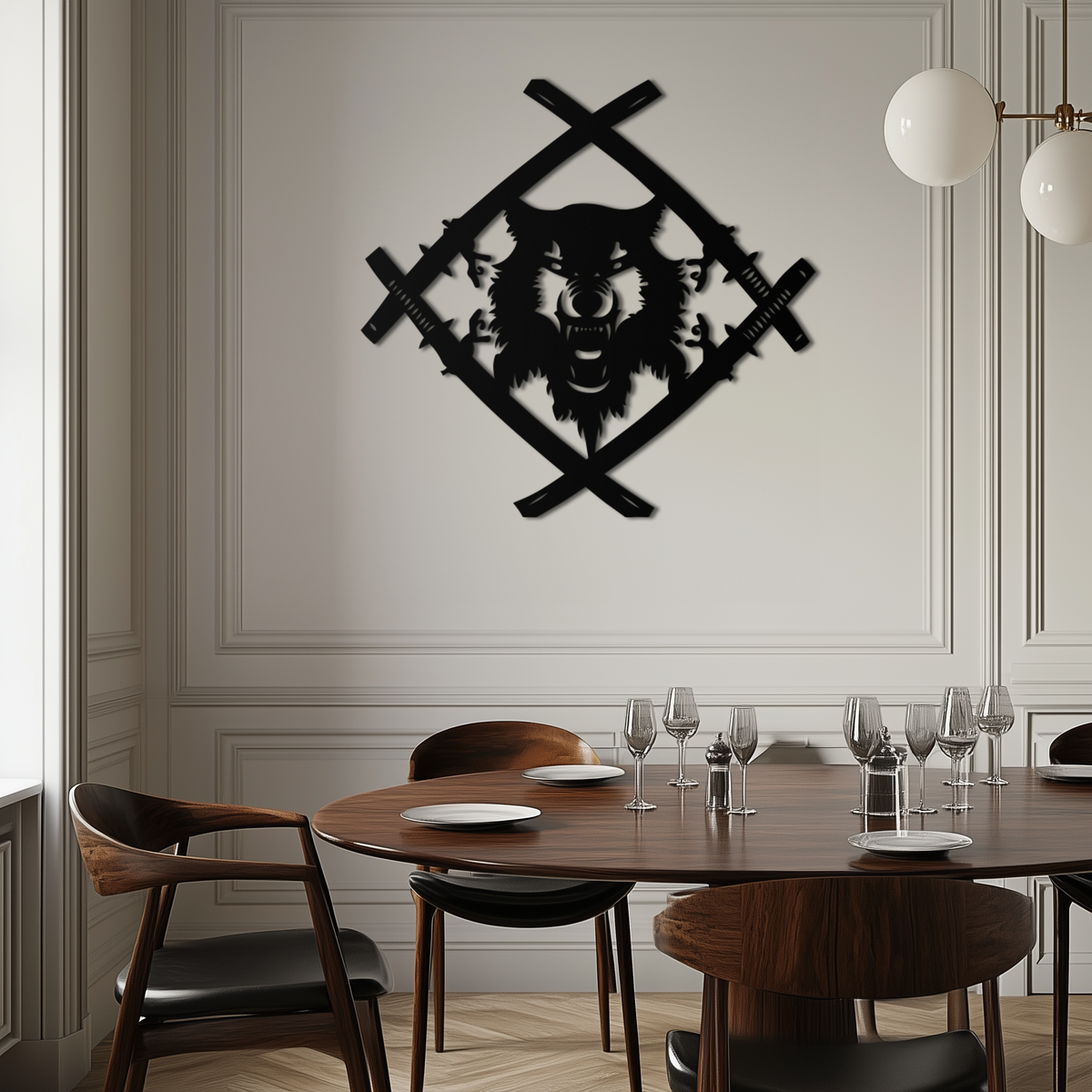 Metal Wall Art Samurai Wolf Warrior - Crossed Katanas Design