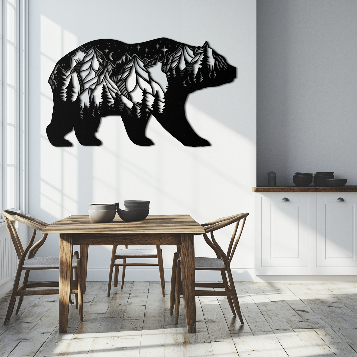 Mountain Bear Metal Wall Art - Moonlit Pine Forest Landscape