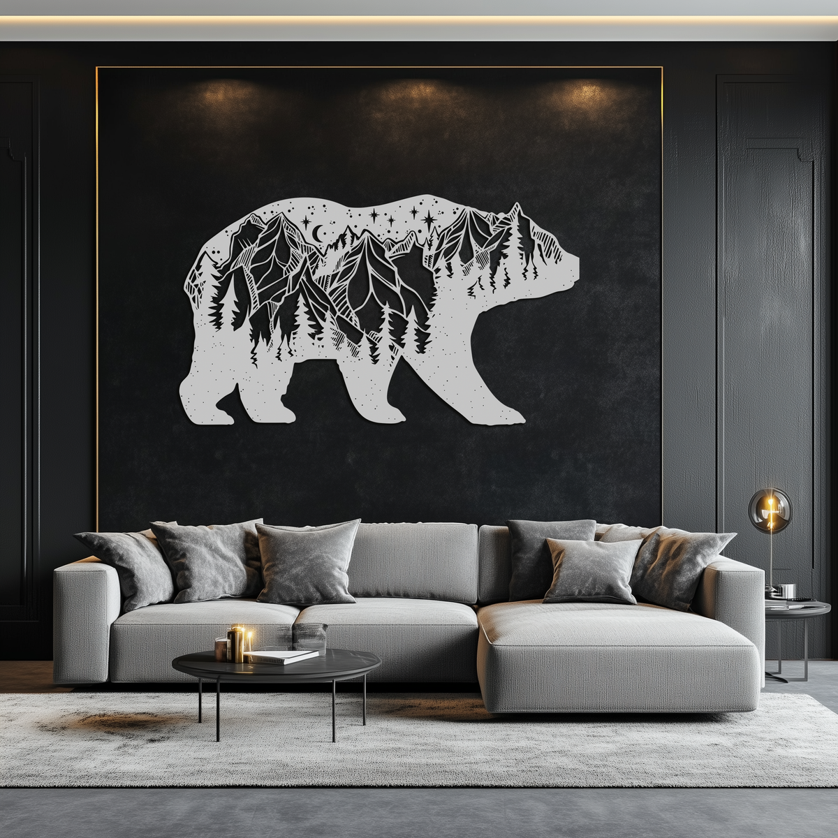 Mountain Bear Metal Wall Art - Moonlit Pine Forest Landscape