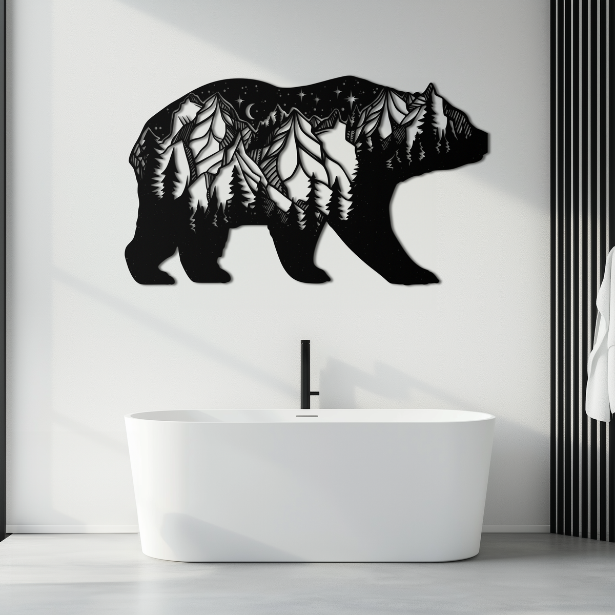 Mountain Bear Metal Wall Art - Moonlit Pine Forest Landscape