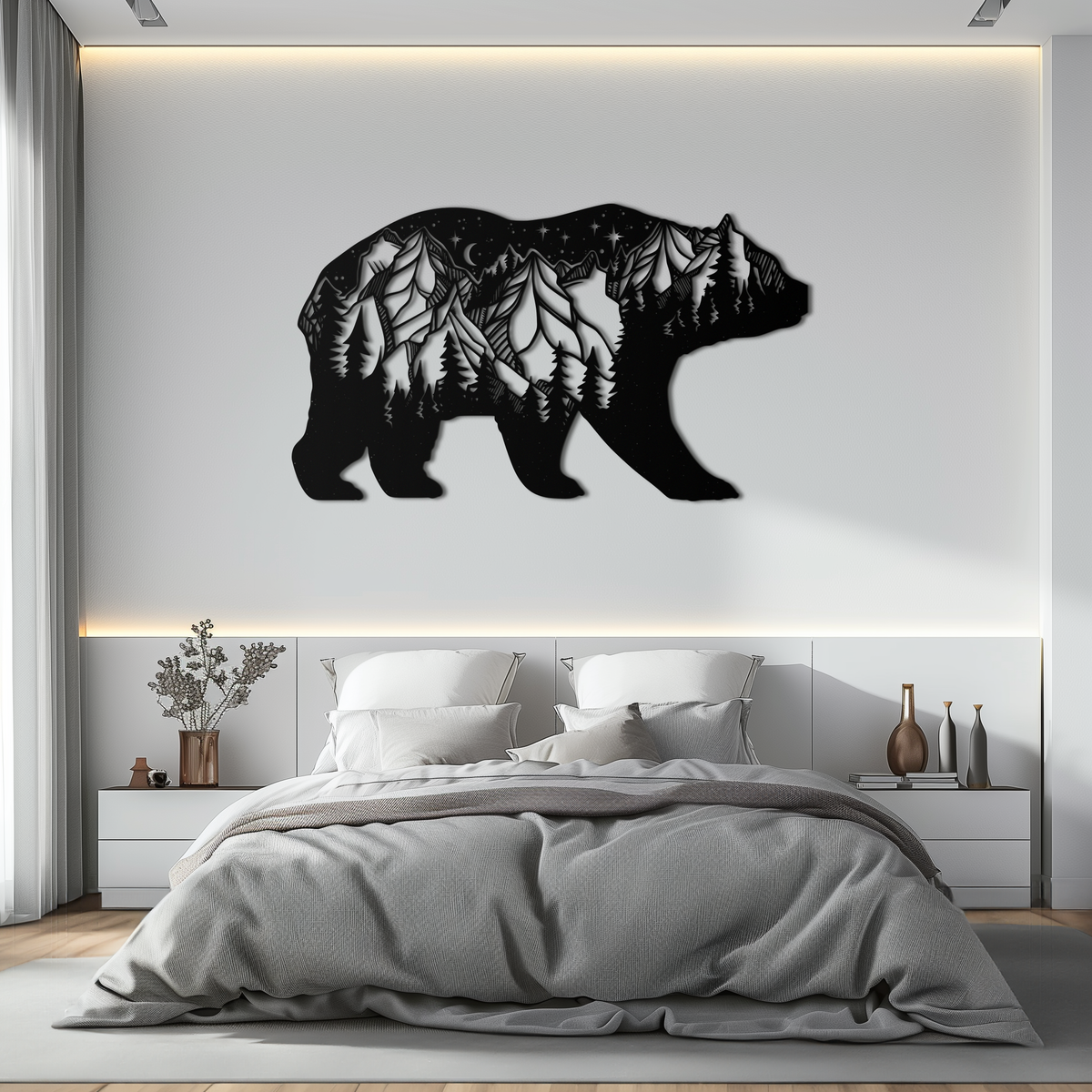 Mountain Bear Metal Wall Art - Moonlit Pine Forest Landscape
