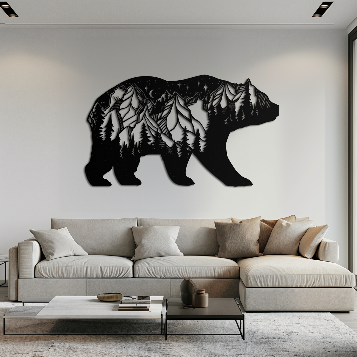Mountain Bear Metal Wall Art - Moonlit Pine Forest Landscape