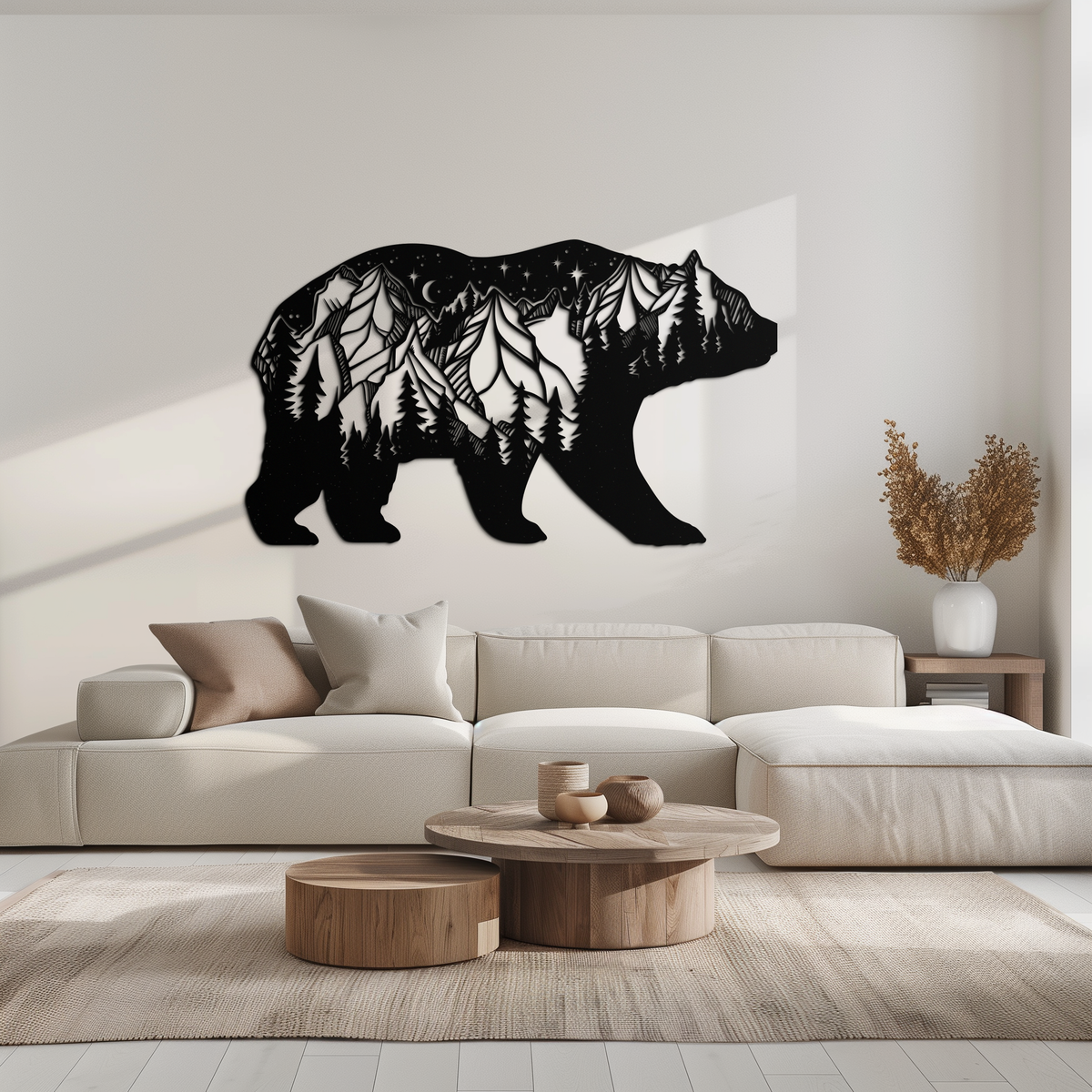 Mountain Bear Metal Wall Art - Moonlit Pine Forest Landscape