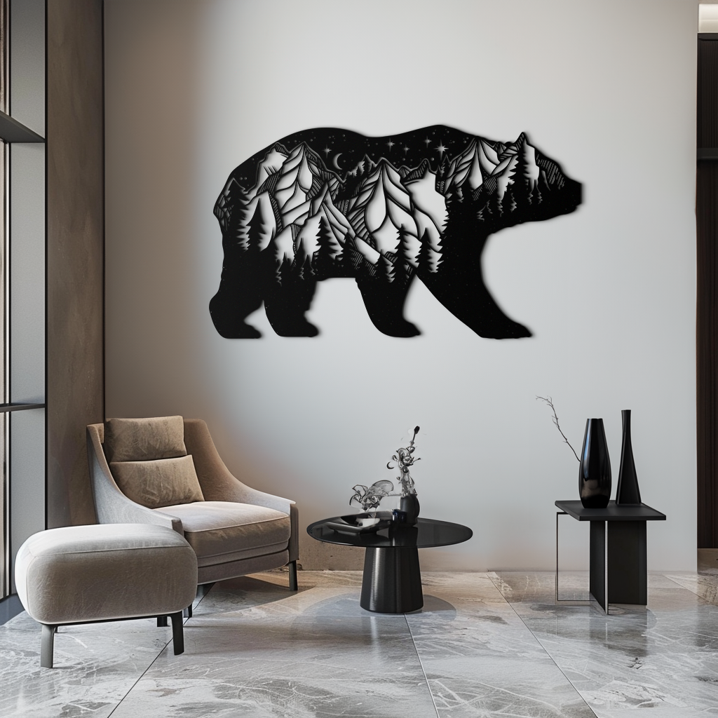 Mountain Bear Metal Wall Art - Moonlit Pine Forest Landscape