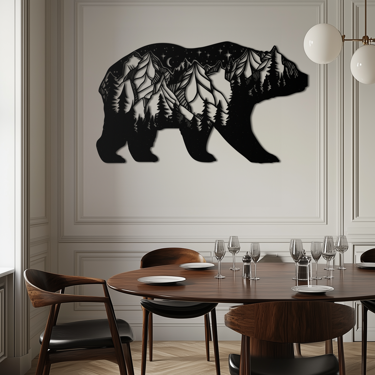 Mountain Bear Metal Wall Art - Moonlit Pine Forest Landscape
