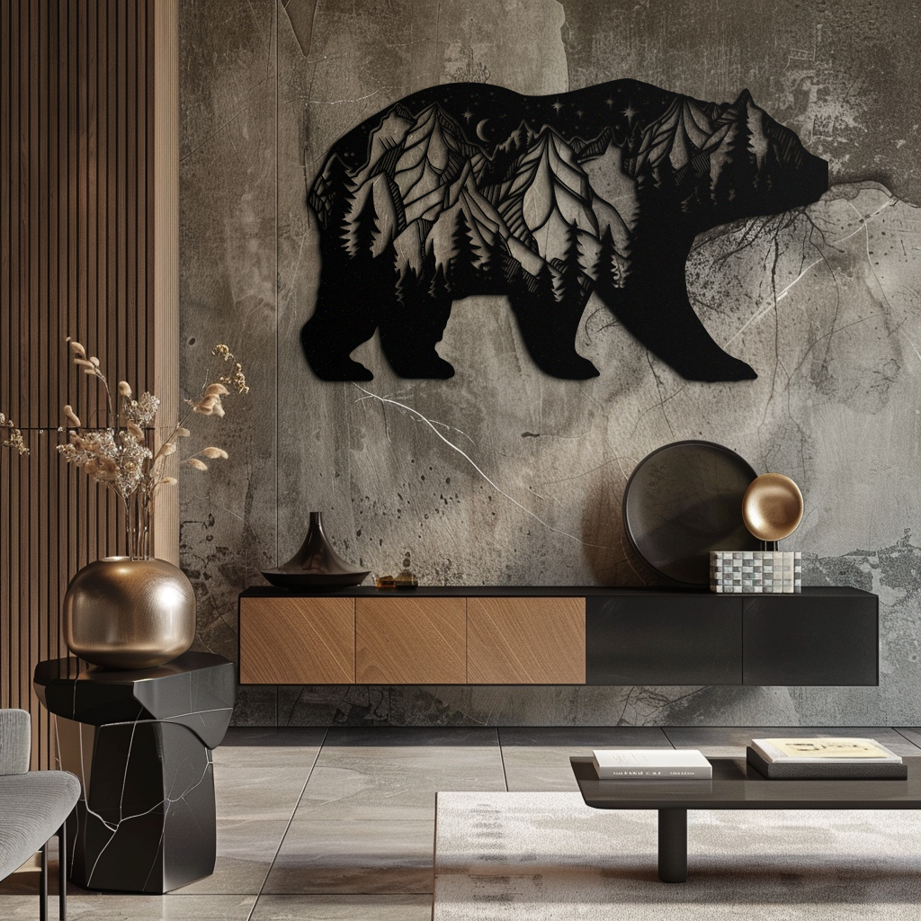 Mountain Bear Metal Wall Art - Moonlit Pine Forest Landscape