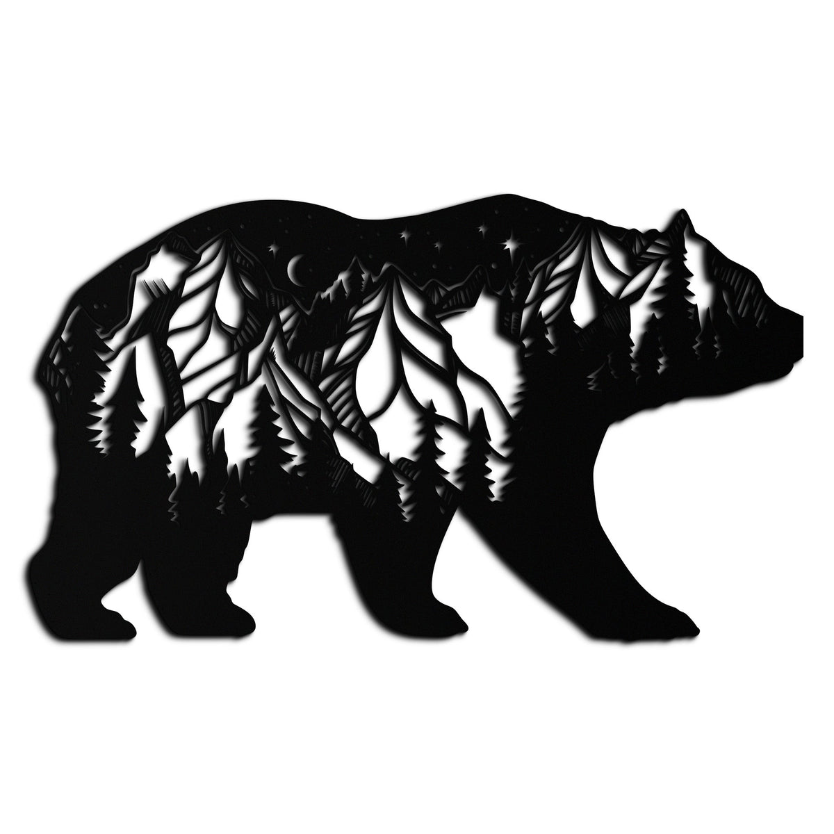 Mountain Bear Metal Wall Art - Moonlit Pine Forest Landscape