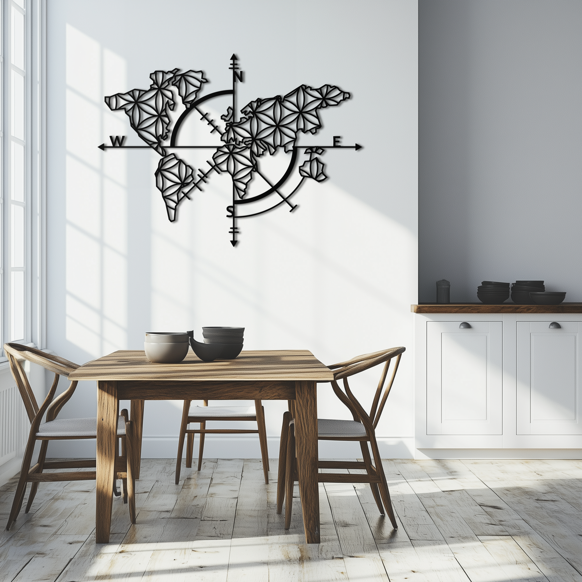 Metal Wall Art Geometric World Map - Modern Compass Rose and Floral Design Steel