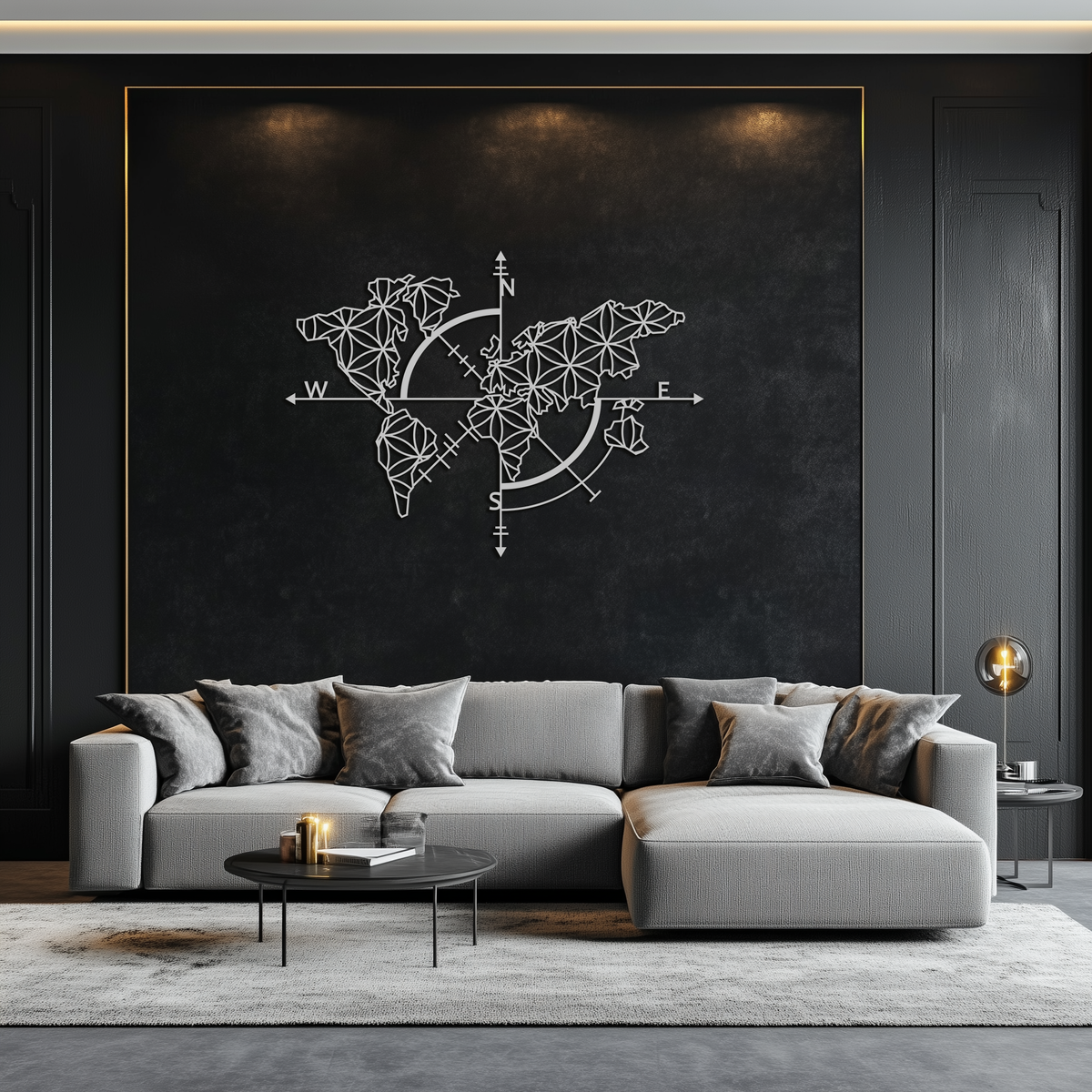 Metal Wall Art Geometric World Map - Modern Compass Rose and Floral Design Steel