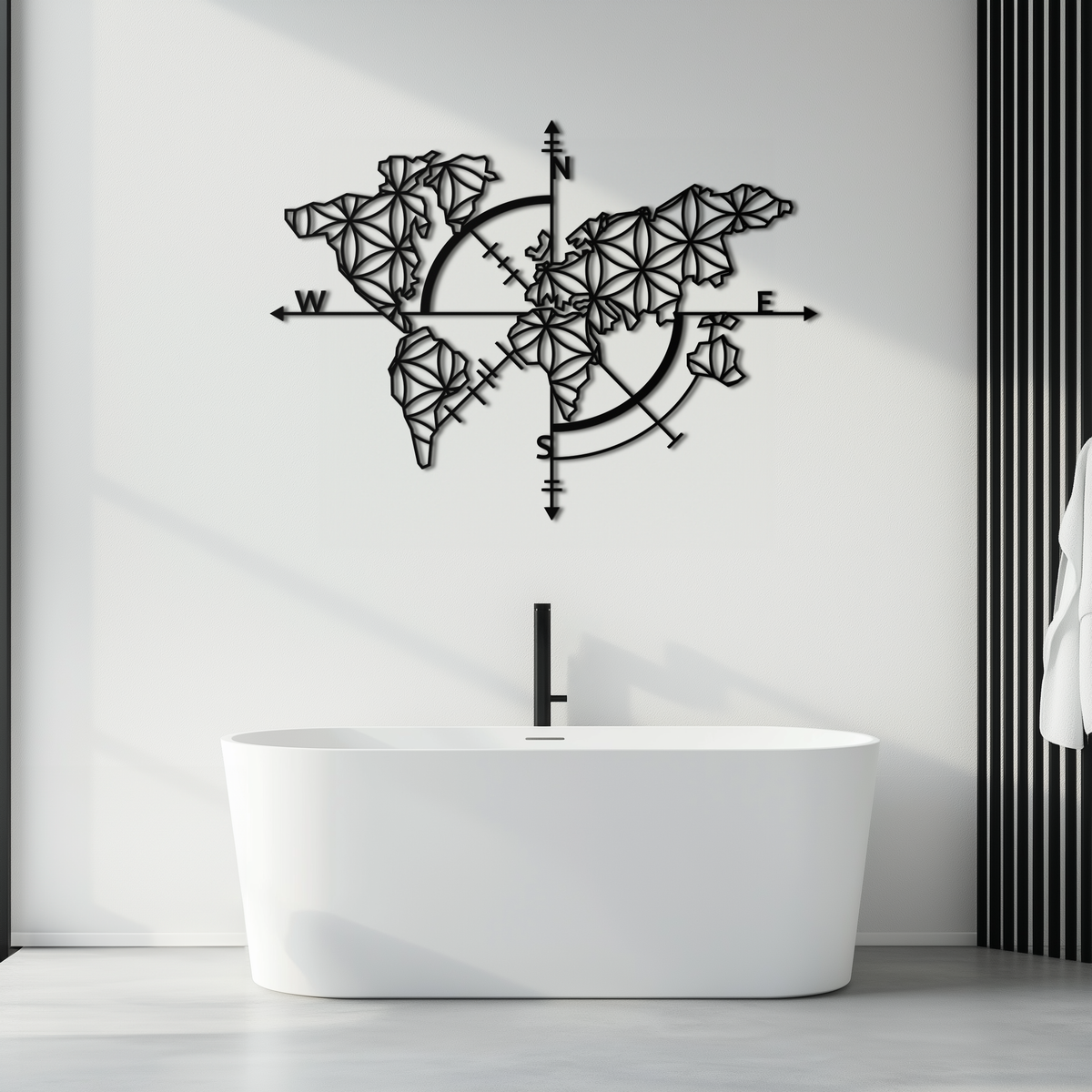 Metal Wall Art Geometric World Map - Modern Compass Rose and Floral Design Steel