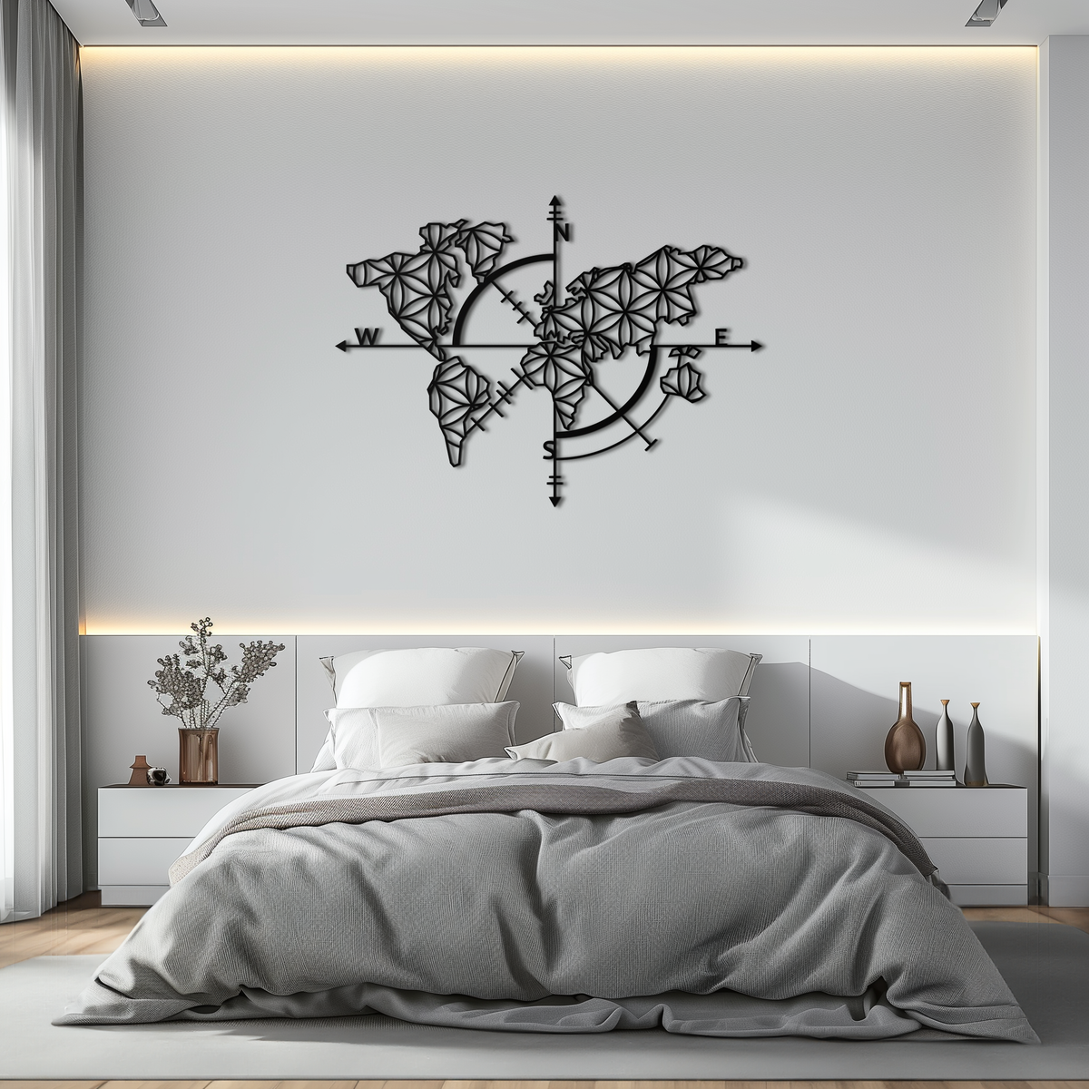Metal Wall Art Geometric World Map - Modern Compass Rose and Floral Design Steel