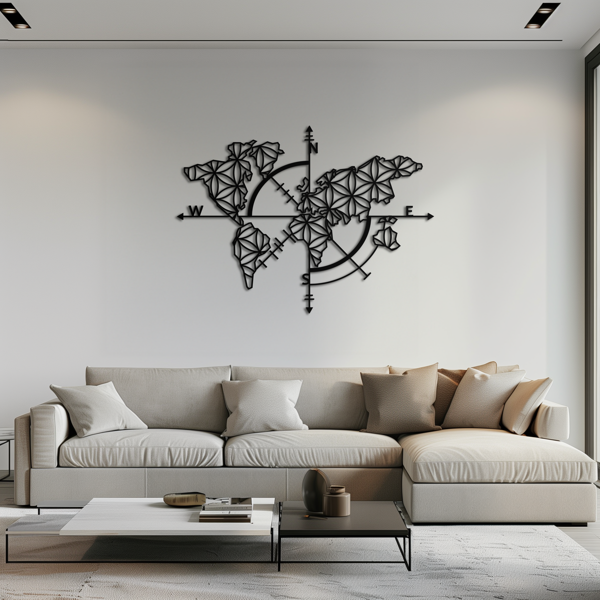 Metal Wall Art Geometric World Map - Modern Compass Rose and Floral Design Steel