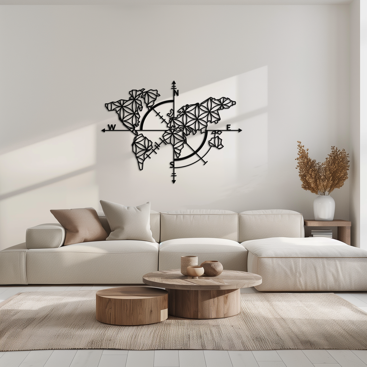 Metal Wall Art Geometric World Map - Modern Compass Rose and Floral Design Steel
