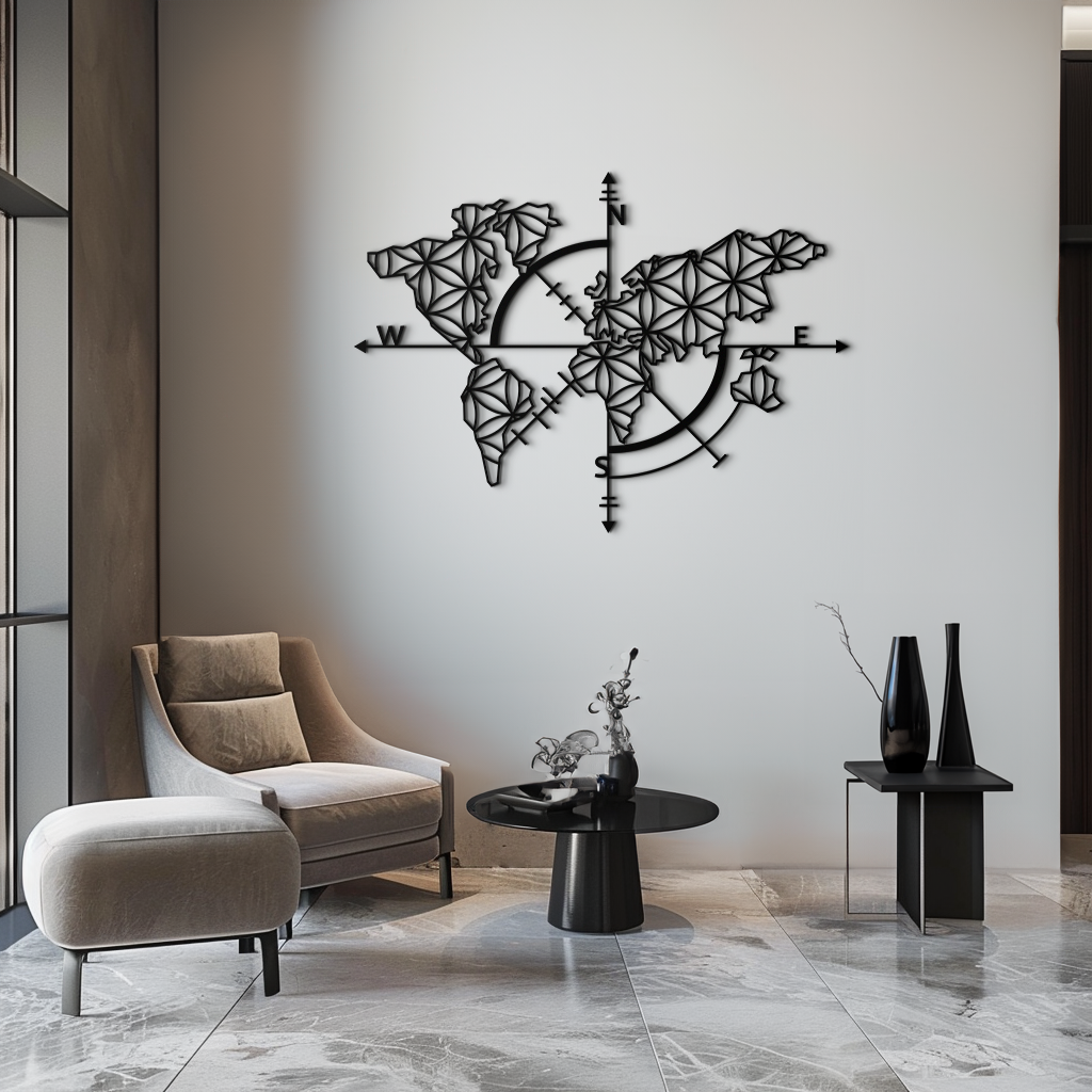 Metal Wall Art Geometric World Map - Modern Compass Rose and Floral Design Steel