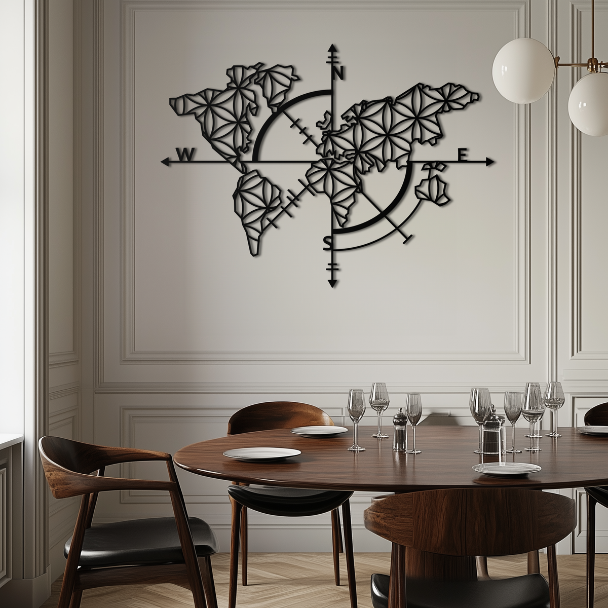 Metal Wall Art Geometric World Map - Modern Compass Rose and Floral Design Steel