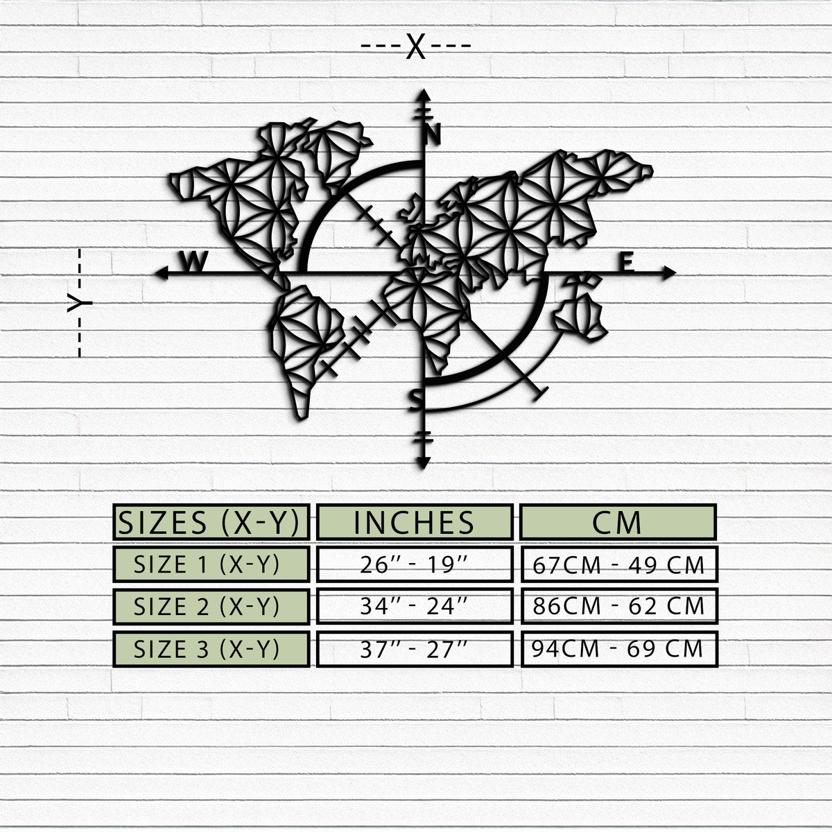 Metal Wall Art Geometric World Map - Modern Compass Rose and Floral Design Steel