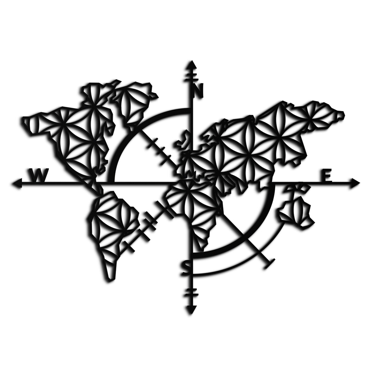 Metal Wall Art Geometric World Map - Modern Compass Rose and Floral Design Steel