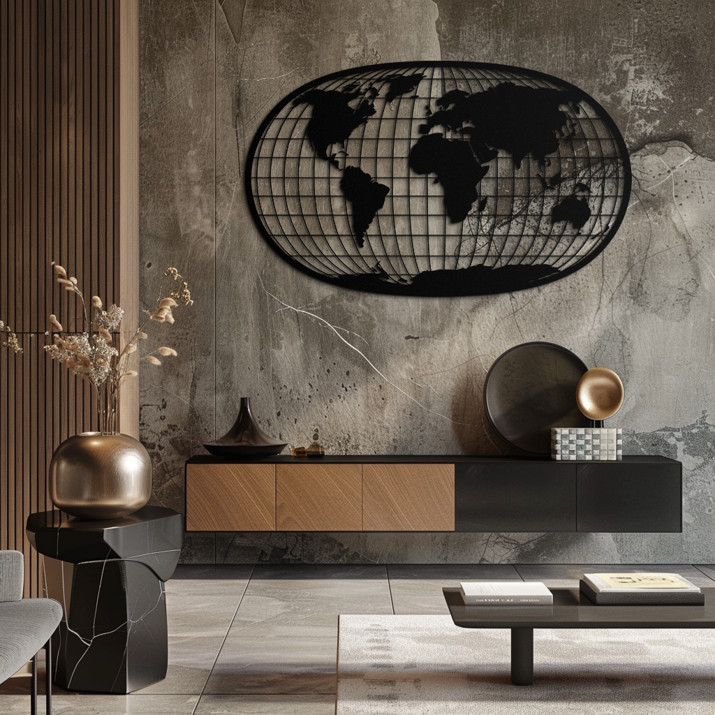 Black Steel World Map Wall Art - Futuristic Globe Grid Design
